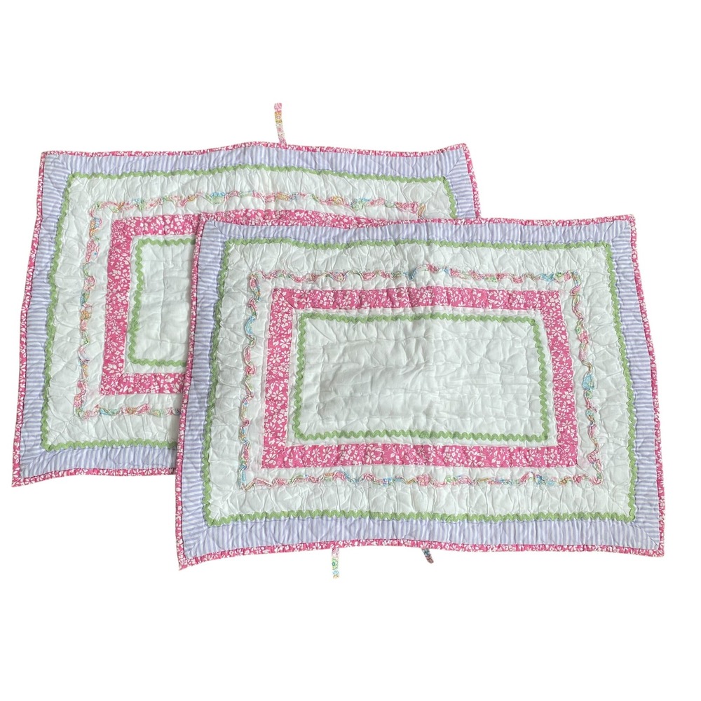 Pottery Barn Kids Quilted Pillow Shams Set of 2 Pink Floral Ric-Rac 20x26